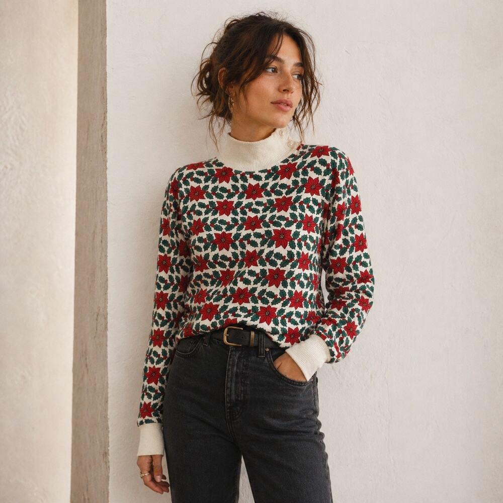 Vintage Poinsettia Holly Sweatshirt Petite S Allen Lolly UK